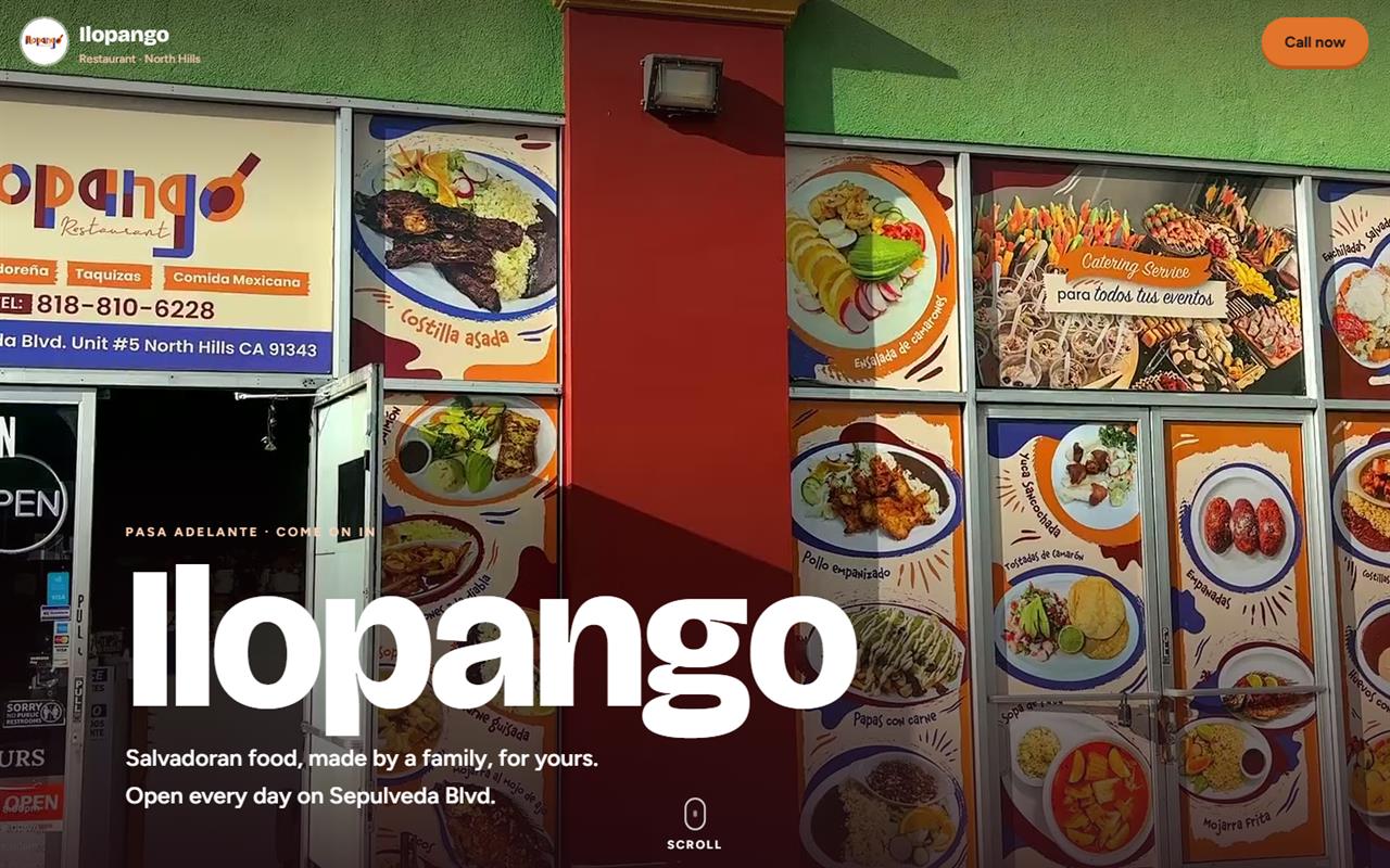 Ilopango Restaurant concept homepage on a computer: wooden letters spelling the restaurant's name on a wall under paper flowers, with the headline Ilopango and the line Salvadoran food, made by a family, for yours.