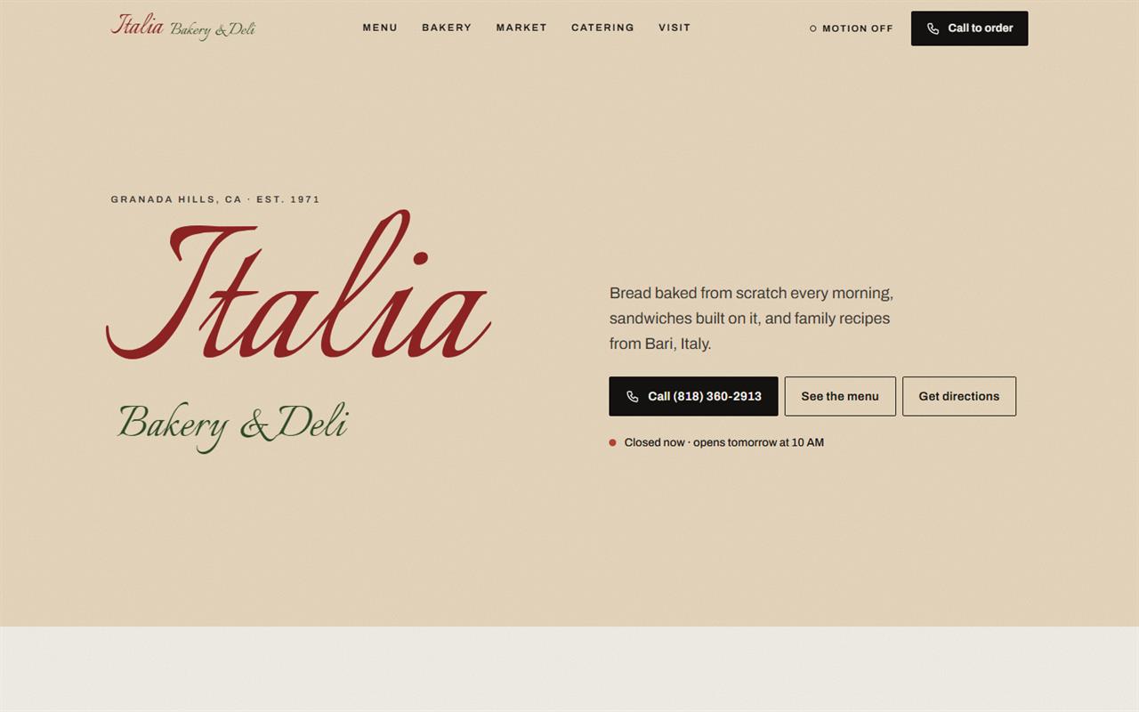 Italia Bakery and Deli homepage on a computer: the Italia script logo, a short intro and buttons to call, see the menu and get directions.