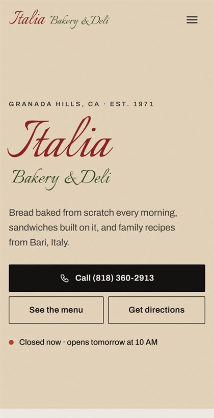 The same Italia homepage on a phone, with a big call button.