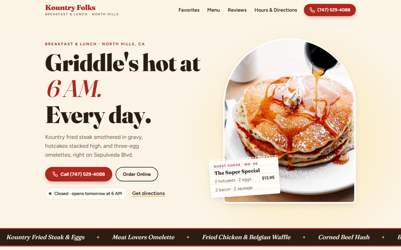 Kountry Folks concept homepage on a computer: a big headline reading Griddle's hot at 6 AM, every day, next to a stack of pancakes.